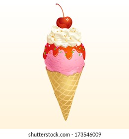 Strawberry Ice cream cone with cherry