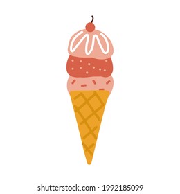 Strawberry ice cream in cone with cherry Illustration