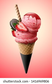 Strawberry ice cream cone with chocolate cookie and fresh fruit in 3d illustration