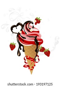 Strawberry ice cream in cone with chocolate