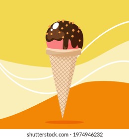 Strawberry ice cream in a cone, chocolate sauce and nuts. For design, web, graphics. Cartoon flat style.
Vector illustration on a juicy background.