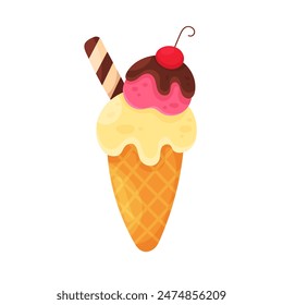 Strawberry ice cream cone with chocolate frosting and cherry on top vector illustration