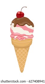 Strawberry ice cream cone with chocolate icing and cherry on top vector illustration
