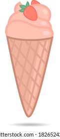 Strawberry ice cream cone. Cold dessert for stickers, patterns, banners in pastel colors