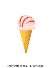 Strawberry ice cream cone. Design template for AD, promo, menu, flyer. Vector illustration cartoon icon isolated on white background.