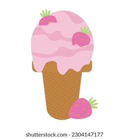 Strawberry ice cream in a cone. Dessert with strawberries