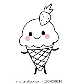 Strawberry ice cream cone with face, arms and legs. Cute kawaii cartoon dessert. Doodle character on white background. Vector line illustration for kids design, colorings.