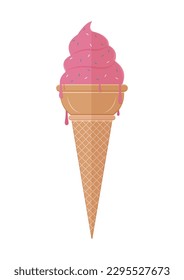 Cono de helado de fresa en estilo plano Vector. Helado rosa delicioso