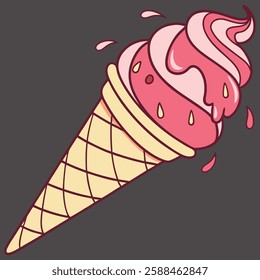 Strawberry Ice Cream Cone Flat Design Dessert Icon