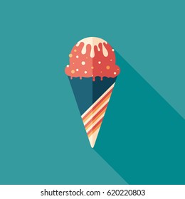 Strawberry ice cream cone flat square icon with long shadows.