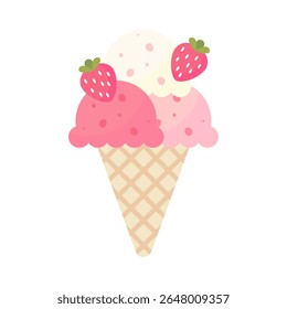 Strawberry Ice Cream Cone with a Fresh Strawberry Topping on a white background.