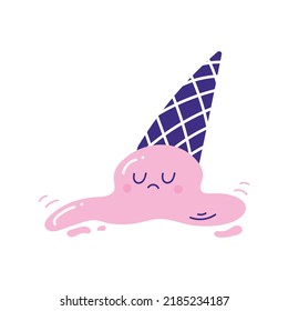 
The strawberry ice cream cone has fallen and is sad. Funny doodle character in flat style illustration isolated on white 