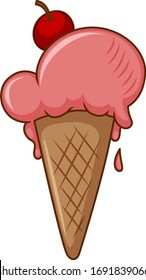 Strawberry ice cream in the cone on white background illustration