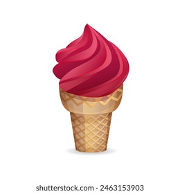 Strawberry ice cream in cone on white background. Summer creative concept.