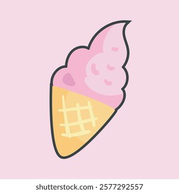 strawberry ice cream cone with outline flat vector design.