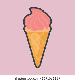 strawberry ice cream cone with outline flat vector design.