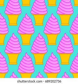 Strawberry ice cream cone pattern. Large sweet vanilla cone background
