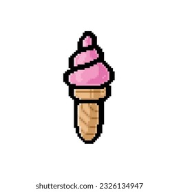 strawberry ice cream cone in pixel  art style