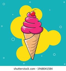 Strawberry ice cream cone with a red cherry on the top. Flat vector outline ice cream cone icon. Comic character in cartoon style. Illustrator design.