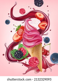 Strawberry ice cream cone set isolated element in the middle on solid color background. Realistic vector in 3D illustration.