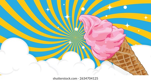Strawberry ice cream cone with swirl and cloud pattern background. Vector illustration for design.