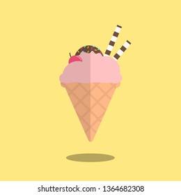 strawberry ice cream cone topped with chocolate glaze and sprinkles, decorated with cherry berry and wafer stick. flat vector illustration design.
