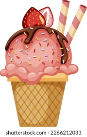 Strawberry ice cream cone with toppings illustration