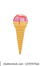 Strawberry ice cream in cone, vector