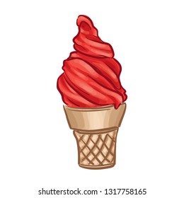 Strawberry Ice Cream Cone Vector Illustration