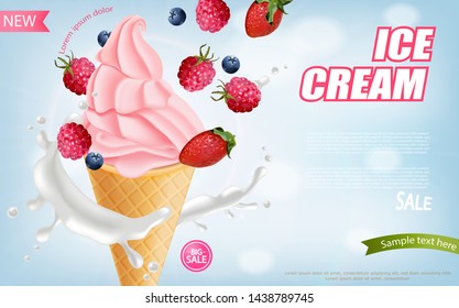 Strawberry ice cream cone Vector realistic. Swirled smooth creamy toppings. Fruits splash juicy background
