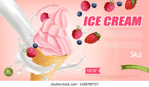 Strawberry Ice Cream Cone Vector Realistic. Swirled Smooth Creamy Toppings. Fruits Splash Juicy Background