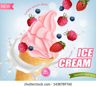 Strawberry ice cream cone Vector realistic. Swirled smooth creamy toppings. Fruits splash juicy background