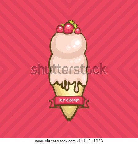 Strawberry ice cream cone vector illustration. Tasty summer dessert. Sweet Gelato. 