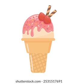 Strawberry ice cream cone with wafer rolls vector illustration. Fresh fruit and sweet dessert.