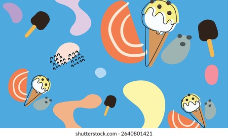 Strawberry ice cream cones and fruit icons with abstract decorations on mint background. Perfect for sweet branding and fun visuals.