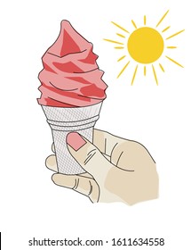 
strawberry ice cream in cones on hand