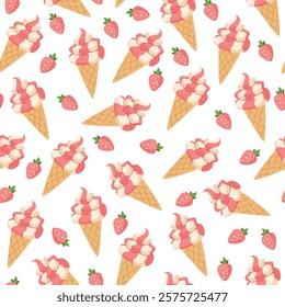 Strawberry ice cream cones and strawberries seamless pattern. Summer cartoon sweet background.