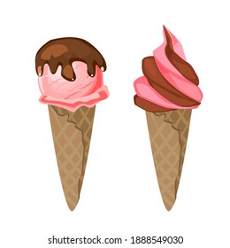 Strawberry Ice Cream Cone,Vector illustration isolated on white.