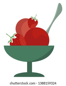 Strawberry ice cream in an ice cream cup dessert green-colored plastic bowl provided with a scoop or spatula  vector  color drawing or illustration