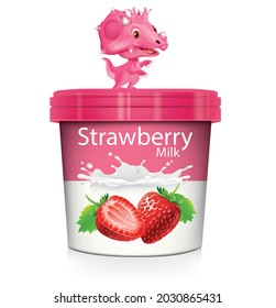 Strawberry Ice Cream cup with a pink dinosaur attached to the lid of the cup.illustration vector