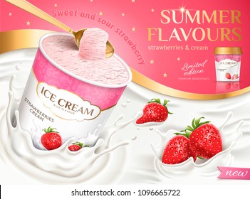 Strawberry ice cream cup with splashing milk and fruit in 3d illustration on pink background