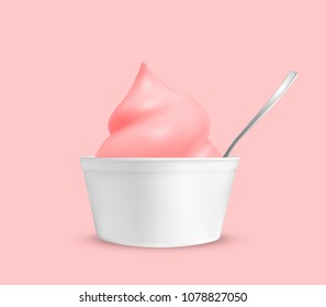 Strawberry ice cream in a cup with a spoon.