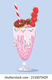Strawberry ice cream decorated with confectionery, berries, donut in glass. Delisious strawberry milkshake beautifully decorated with sweets. Summer refreshment, gourmet dessert. Isolated object, icon