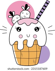 Strawberry ice cream in doodle style, vector flat illustration