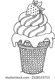 Strawberry ice cream drawn in black and white for children's coloring book pages