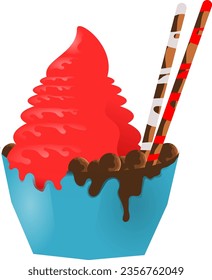 Strawberry ice cream with extra chocolate balls and chocolate bars in a bowl