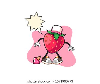Strawberry with ice cream fall with speech bubble cartoon. Mascot Character vector.