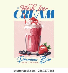 Strawberry ice cream. Fresh ice cream graphic print design for t shirt, apparel, posters, background and others. Ice cream lovers. Sweet club. Ice cream bar hand drawn vector art