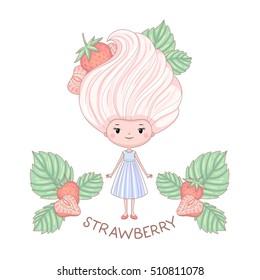 Strawberry ice cream girl character, vector illustration of cartoon girl with ice cream instead of the hairstyle, isolated on white background