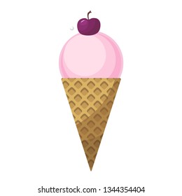 Сherry or strawberry ice cream. Isolated waffle cone in vector. For confectionery, menu, logotype, signboard, web design, stickers, cook book, candy bar decoration, scrapbooking, signs and symbols.